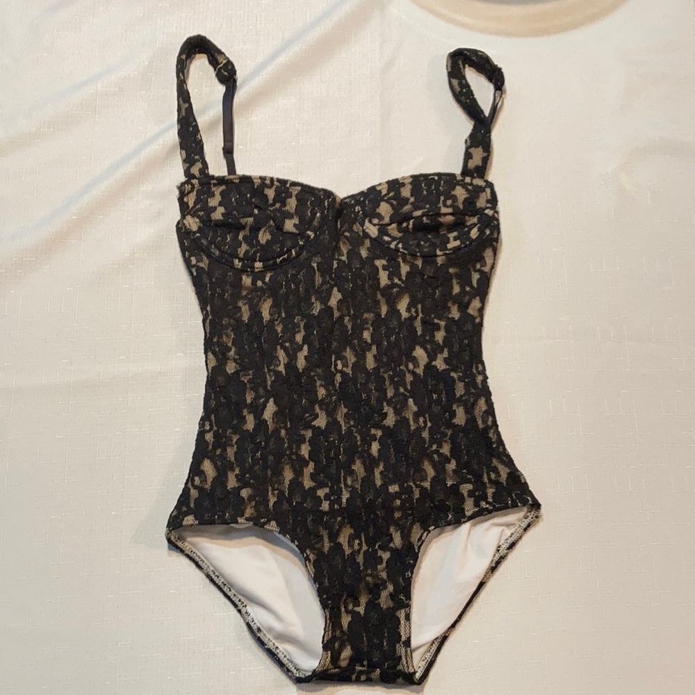 Unique Vintage One Piece Swimsuit. Size S. Black Lace Over Nude Body. NWT.